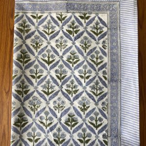 Handcrafted Elegance Light Steel Blue and Olive Green Block Printed Cotton Tablecloth for Memorable Gatherings