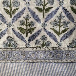 Handcrafted Elegance Light Steel Blue and Olive Green Block Printed Cotton Tablecloth for Memorable Gatherings