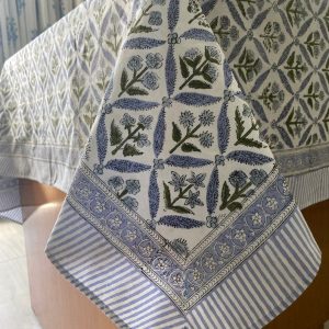 Handcrafted Elegance Light Steel Blue and Olive Green Block Printed Cotton Tablecloth for Memorable Gatherings