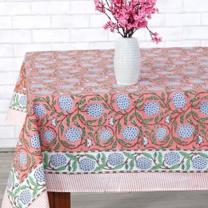 Handcrafted Indian Tablecloth Vibrant Hues of Salmon Pink, Sage Green, and Delft Blue