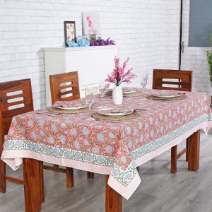 Handcrafted Indian Tablecloth Vibrant Hues of Salmon Pink, Sage Green, and Delft Blue