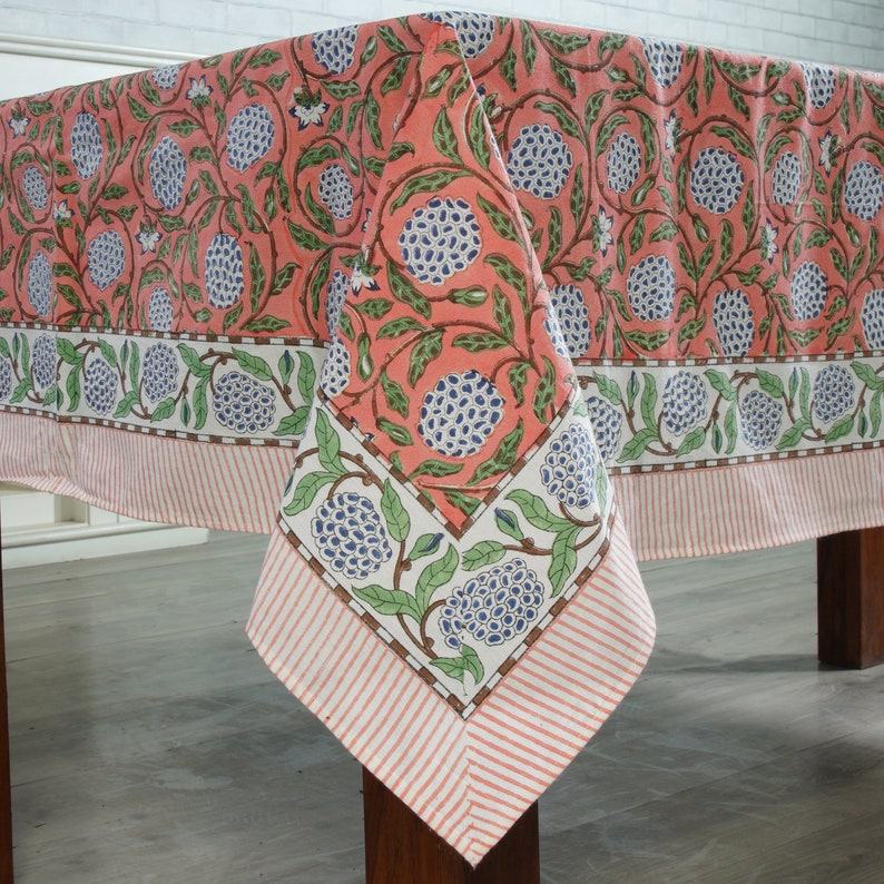 Handcrafted Indian Tablecloth Vibrant Hues of Salmon Pink, Sage Green, and Delft Blue