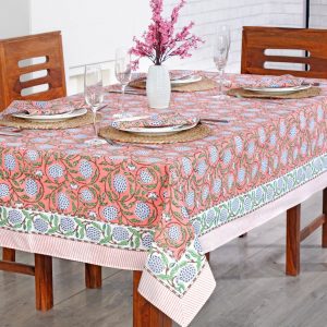Handcrafted Indian Tablecloth Vibrant Hues of Salmon Pink, Sage Green, and Delft Blue