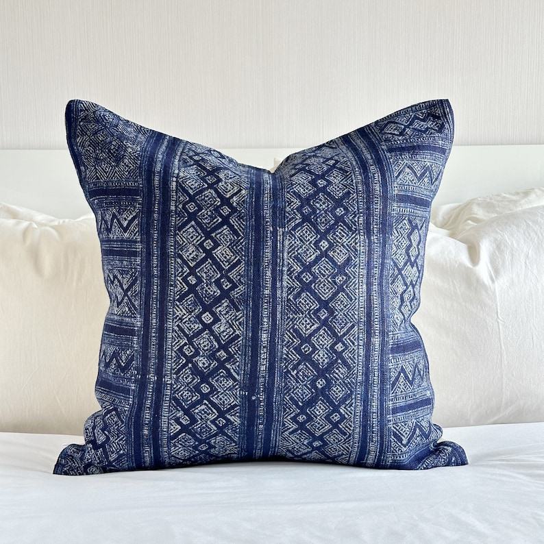 Handcrafted Indigo Hemp Pillow Cover Vintage Hmong Textile for Bohemian Flair