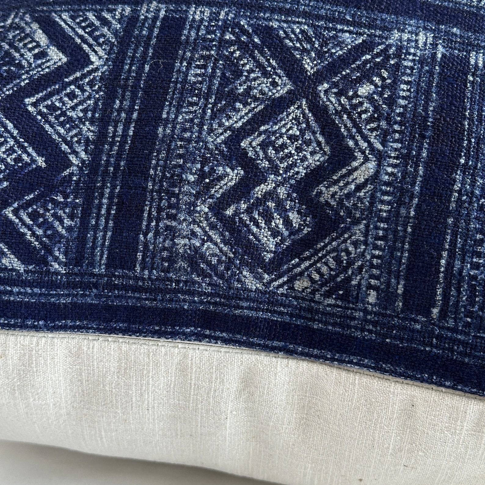 Handcrafted Indigo Hemp Pillow Cover Vintage Hmong Textile for Bohemian Flair