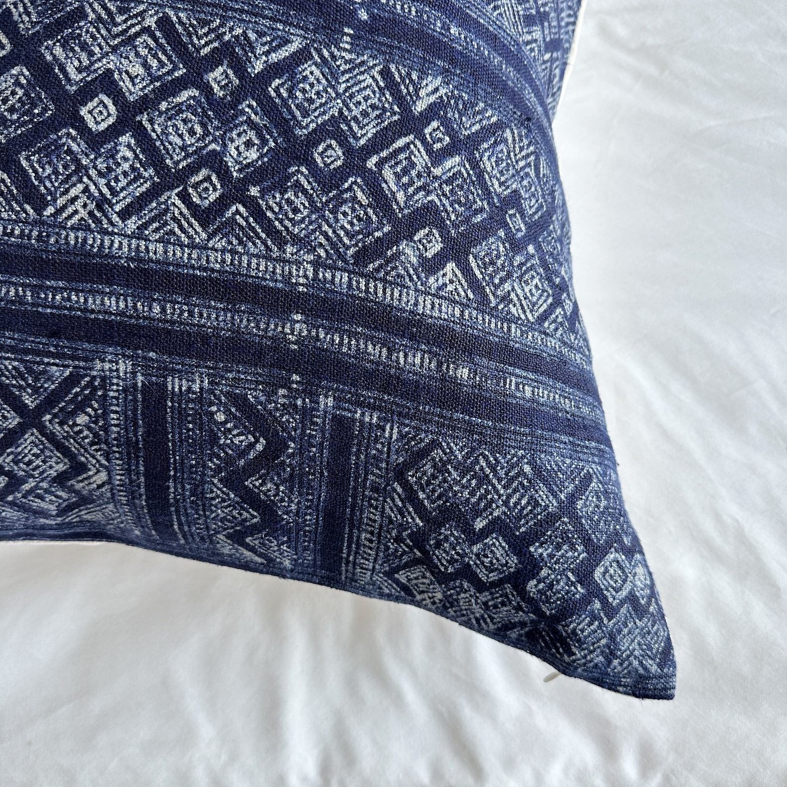 Handcrafted Indigo Hemp Pillow Cover Vintage Hmong Textile for Bohemian Flair