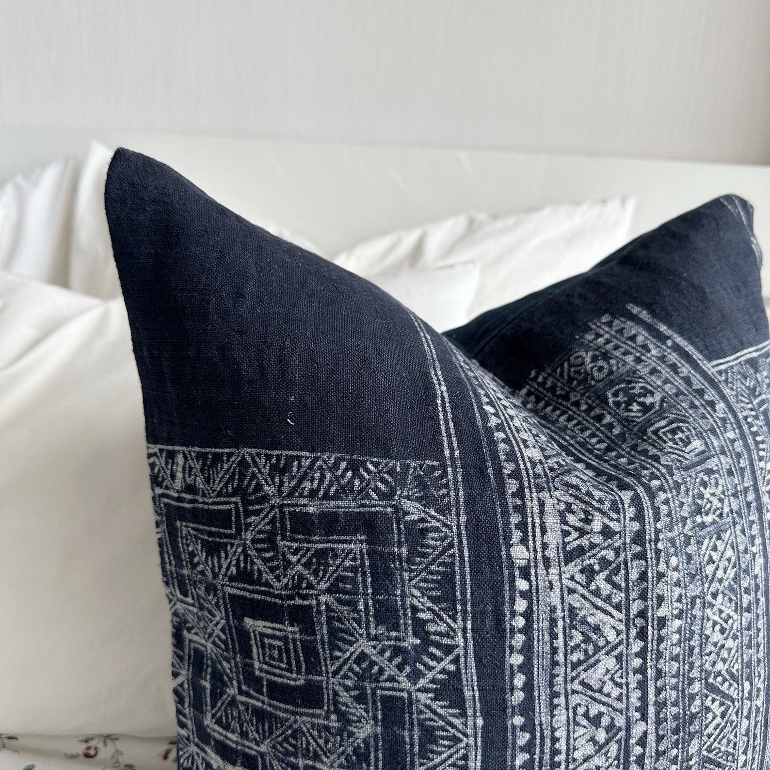 Handcrafted Indigo Hemp Pillow Cover with Vintage Hmong Patterns