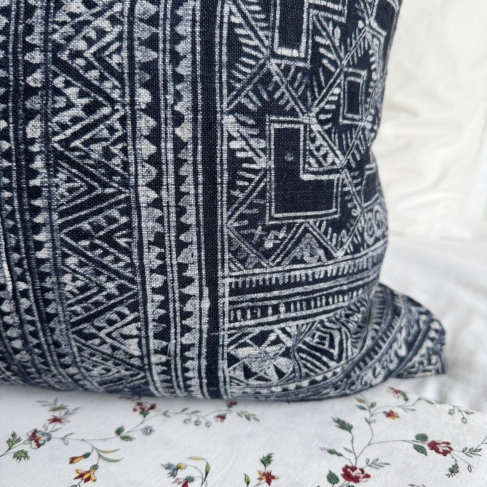Handcrafted Indigo Hemp Pillow Cover with Vintage Hmong Patterns