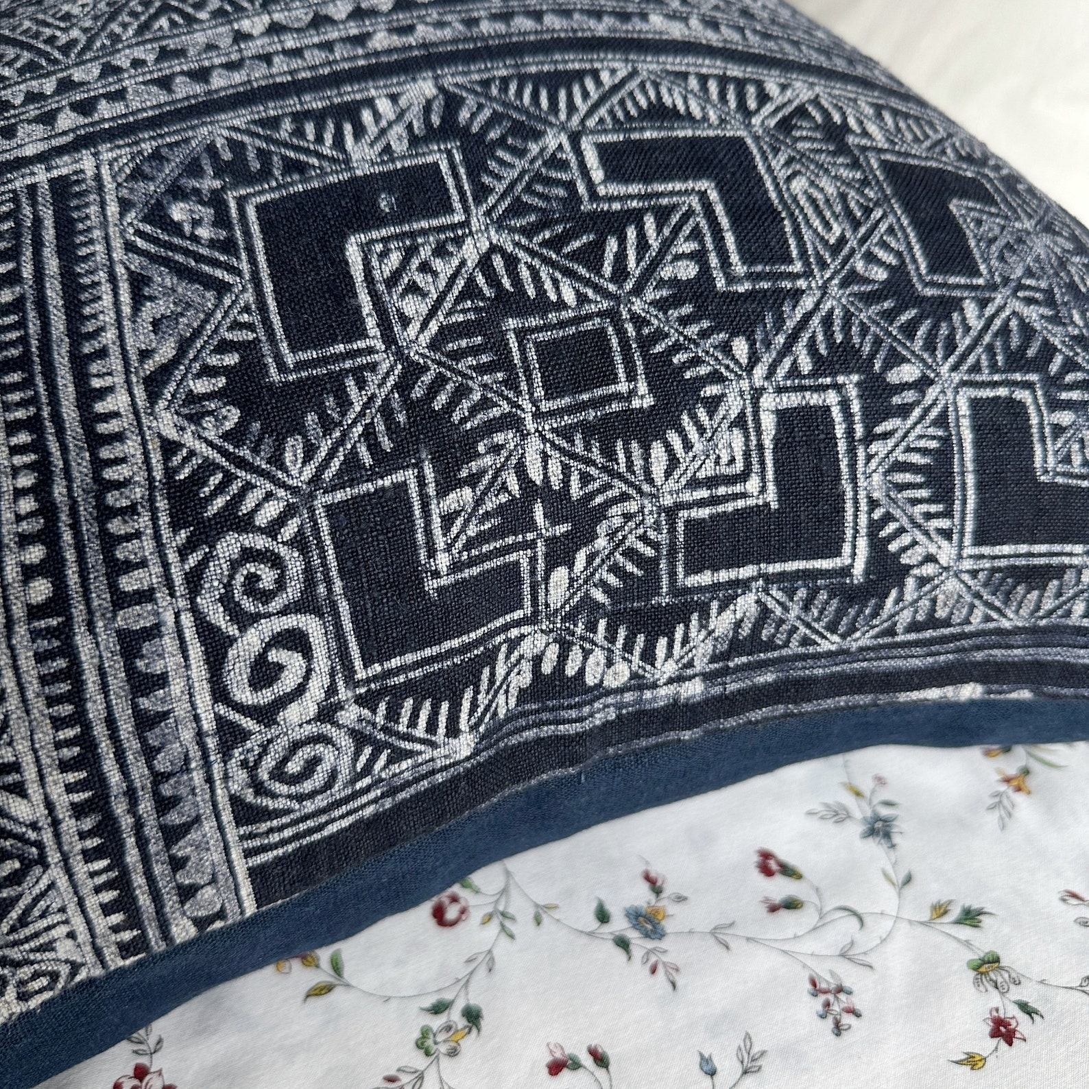 Handcrafted Indigo Hemp Pillow Cover with Vintage Hmong Patterns