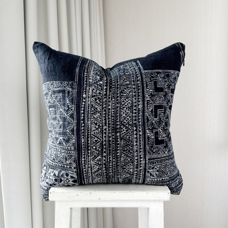Handcrafted Indigo Hemp Pillow Cover with Vintage Hmong Patterns