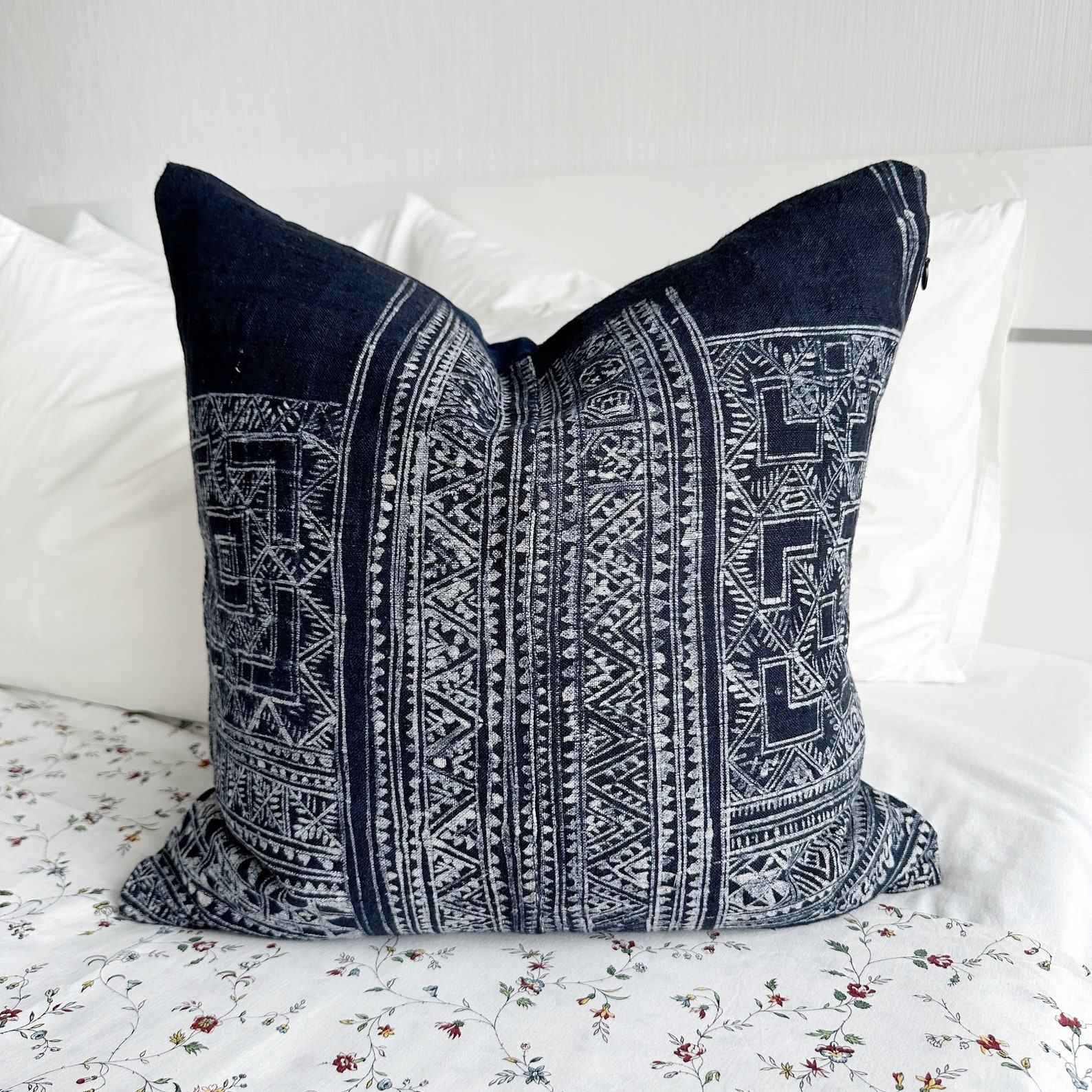 Handcrafted Indigo Hemp Pillow Cover with Vintage Hmong Patterns