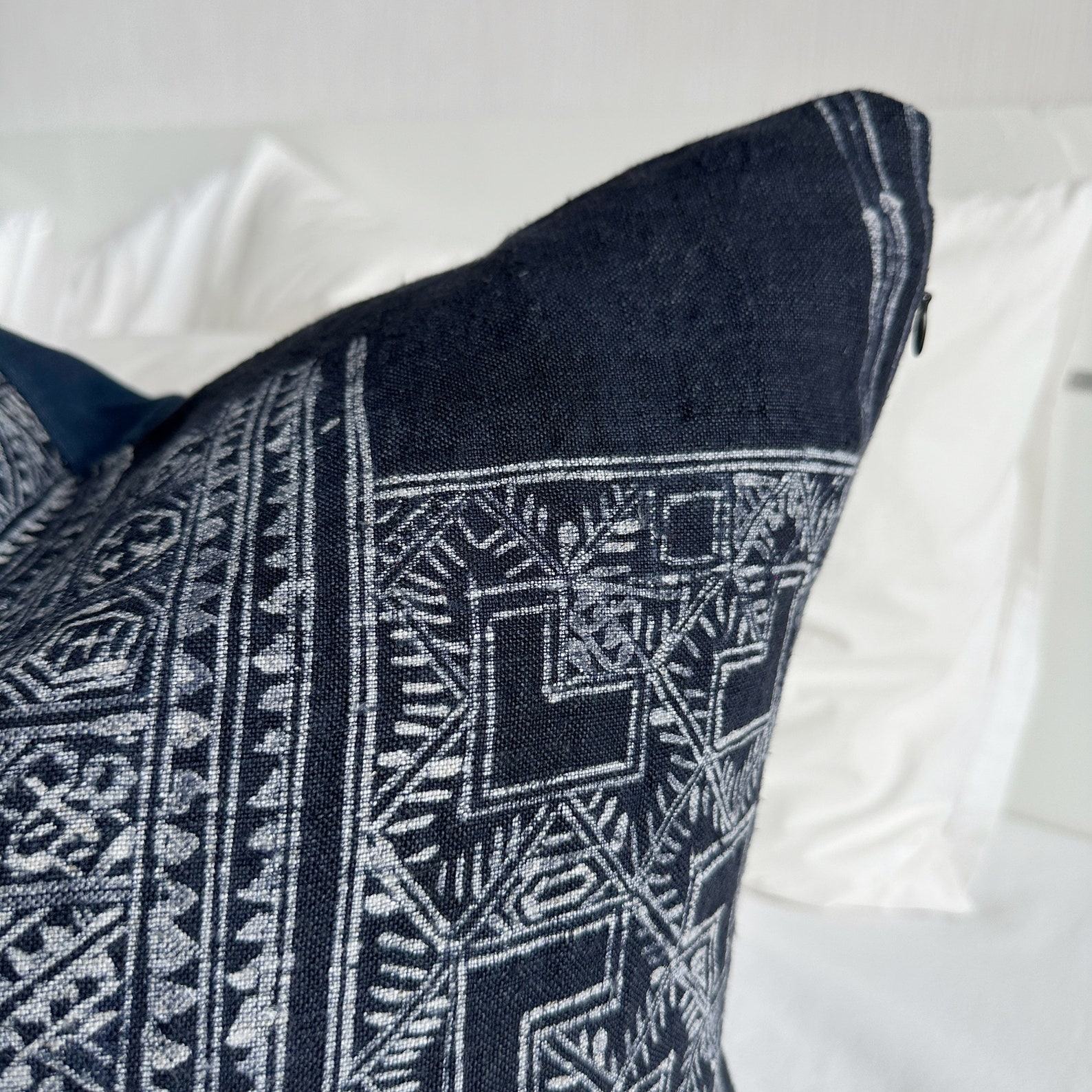 Handcrafted Indigo Hemp Pillow Cover with Vintage Hmong Patterns