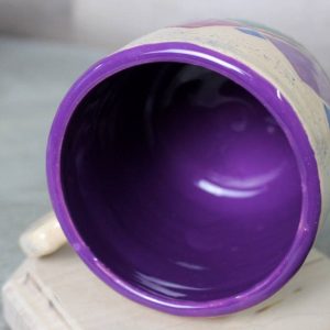 Handcrafted Spring Ceramic Mug 14 oz Teacup with Serene Mountain and Forest Illustration, Eco-Friendly Violet Purple Pottery Item