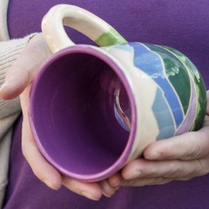 Handcrafted Spring Ceramic Mug 14 oz Teacup with Serene Mountain and Forest Illustration, Eco-Friendly Violet Purple Pottery Item