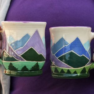 Handcrafted Spring Ceramic Mug 14 oz Teacup with Serene Mountain and Forest Illustration, Eco-Friendly Violet Purple Pottery Item
