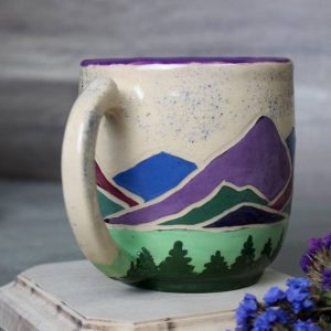 Handcrafted Spring Ceramic Mug 14 oz Teacup with Serene Mountain and Forest Illustration, Eco-Friendly Violet Purple Pottery Item