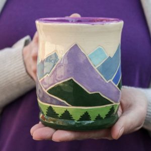Handcrafted Spring Ceramic Mug 14 oz Teacup with Serene Mountain and Forest Illustration, Eco-Friendly Violet Purple Pottery Item