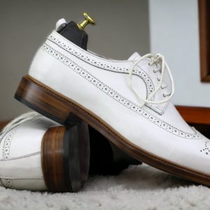 Handcrafted White Leather Wingtip Brogues – Stylish Formal Dress Shoes