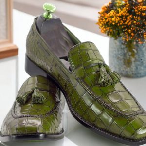 Handmade Black Alligator Texture Leather Loafers – Exotic Slip-Ons for Men