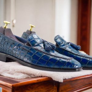 Handmade Black Alligator Texture Leather Loafers – Exotic Slip-Ons for Men