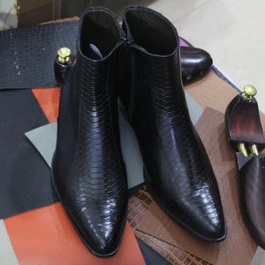 Handmade Black Leather Ankle Boots – Python Texture Zipper Boots