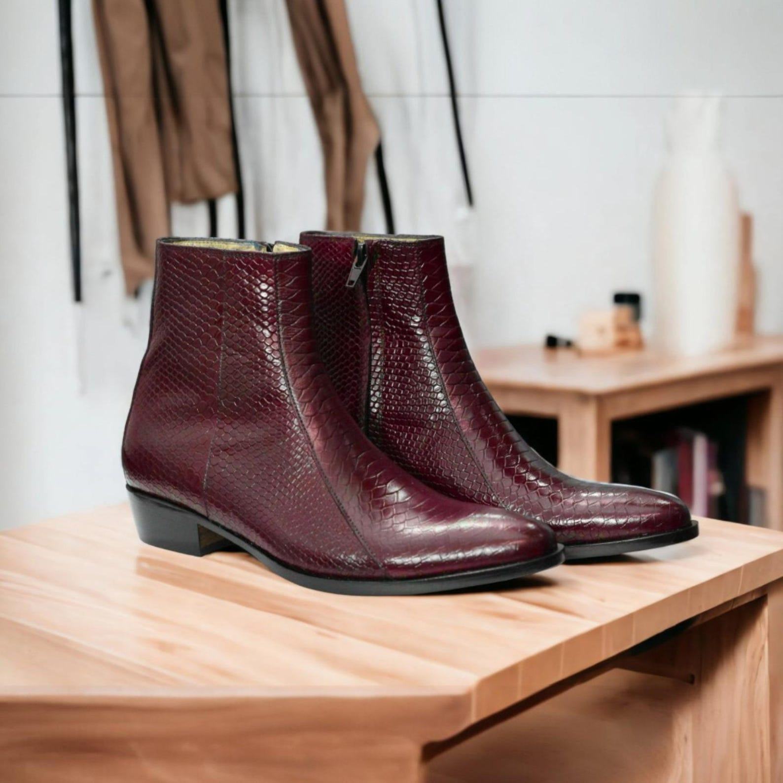 Handmade Black Leather Ankle Boots – Python Texture Zipper Boots