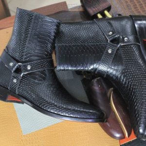 Handmade Black Leather Ankle Boots Men’s Python Accent Madrid Strap Zipper