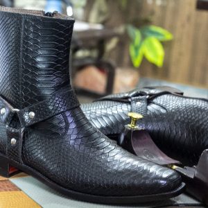 Handmade Black Leather Ankle Boots Men’s Python Accent Madrid Strap Zipper