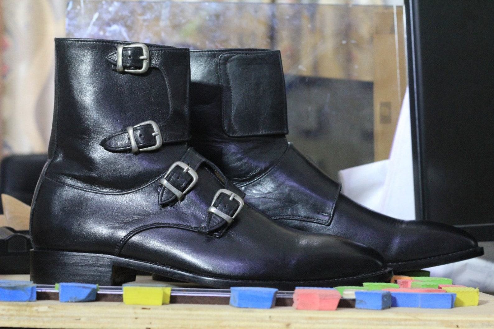 Handmade Black Leather Monk Strap Boots for Men | Stylish Ankle Boots - Image 2