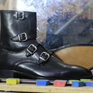Handmade Black Leather Monk Strap Boots for Men | Stylish Ankle Boots