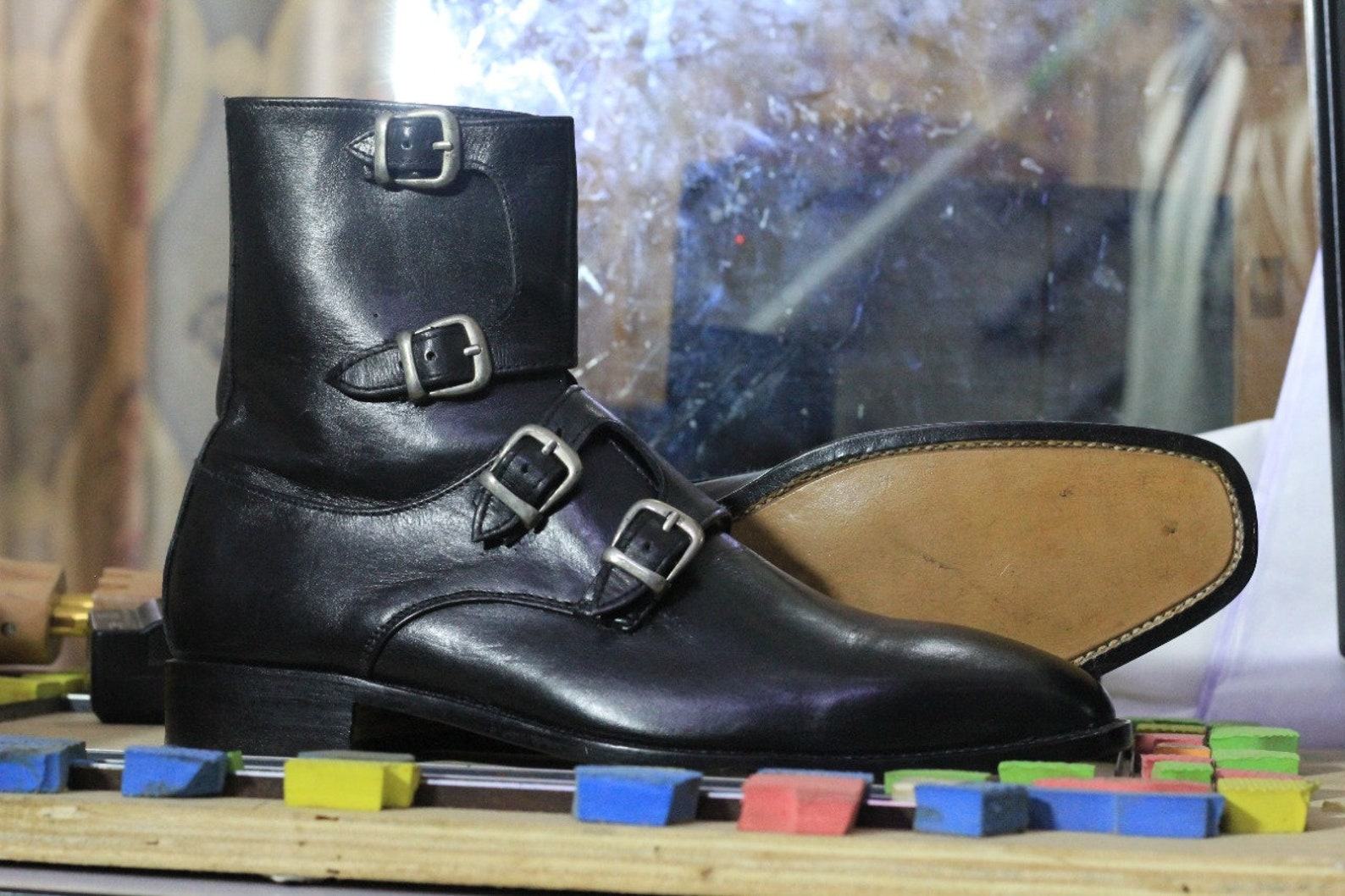 Handmade Black Leather Monk Strap Boots for Men | Stylish Ankle Boots - Image 3