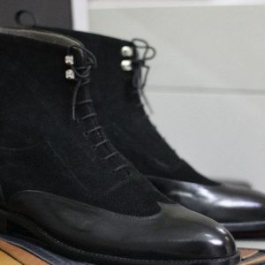 Handmade Black Wingtip Boots – Goodyear Welted Leather & Suede Ankle Boots for Men