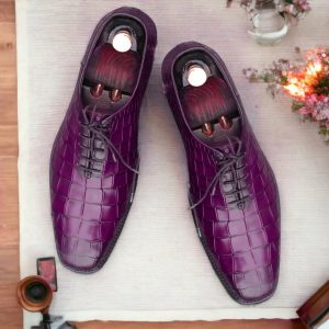 Handmade Blue Alligator Texture Leather Shoes – Whole Cut Lace-Up Dress Shoes