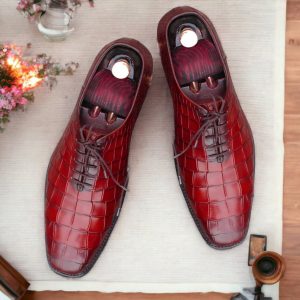 Handmade Blue Alligator Texture Leather Shoes – Whole Cut Lace-Up Dress Shoes