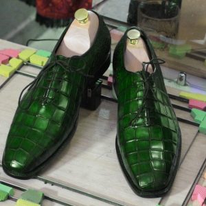 Handmade Blue Alligator Texture Leather Shoes – Whole Cut Lace-Up Dress Shoes