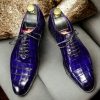 Handmade Blue Alligator Texture Leather Shoes – Whole Cut Lace-Up Dress Shoes