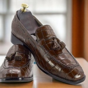 Handmade Brown Alligator Texture Leather Loafers – Exotic Slip-Ons for Men