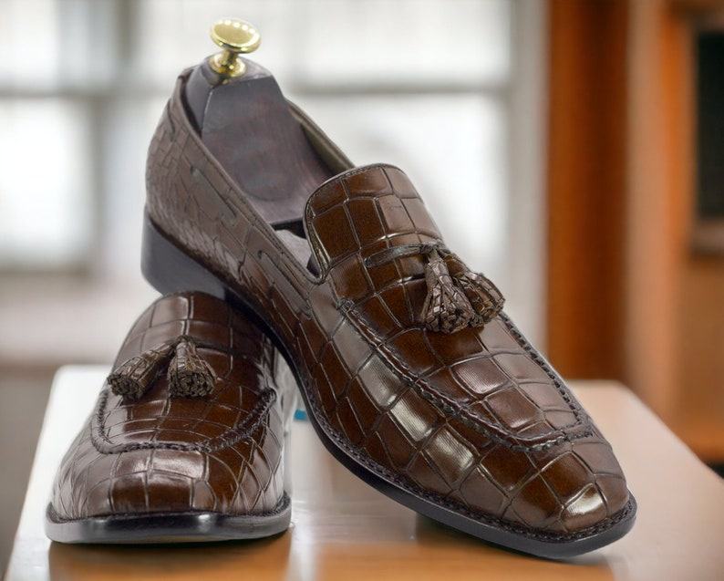 Handmade Brown Alligator Texture Leather Loafers – Exotic Slip-Ons for Men