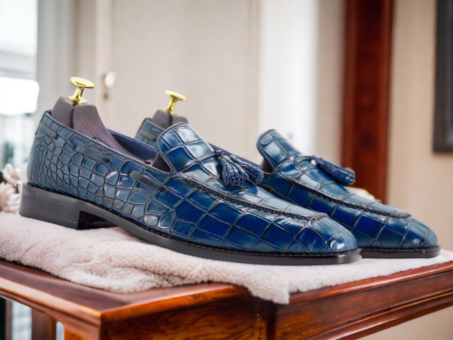 Handmade Brown Alligator Texture Leather Loafers – Exotic Slip-Ons for Men - Image 2