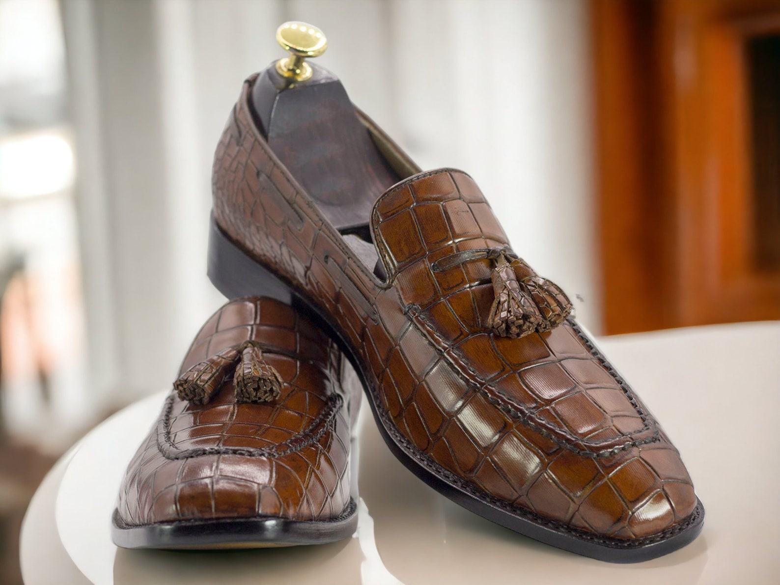 Handmade Brown Alligator Texture Leather Loafers – Exotic Slip-Ons for Men - Image 3