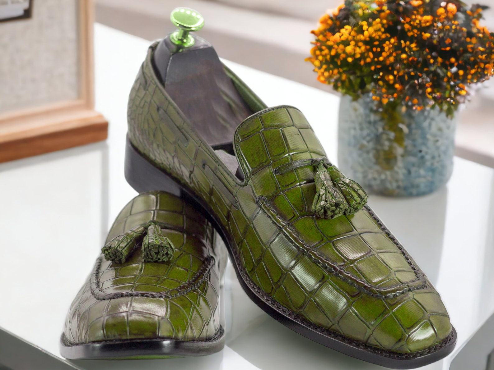 Handmade Brown Alligator Texture Leather Loafers – Exotic Slip-Ons for Men - Image 5