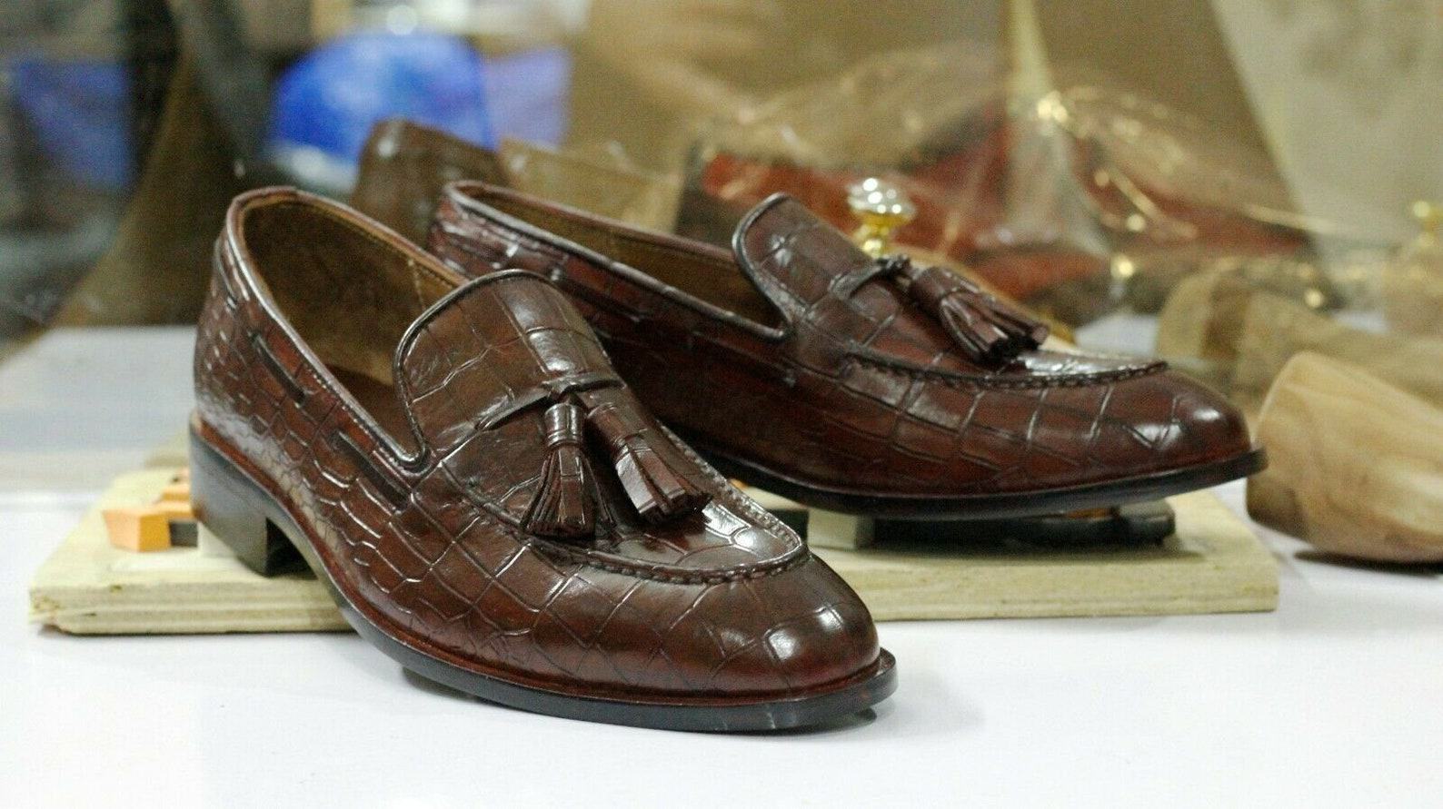 Handmade Brown Alligator Texture Leather Loafers – Exotic Slip-Ons for Men - Image 4