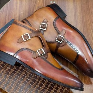 Handmade Brown Double Monk Strap Brogues  Goodyear Welted Formal Shoes