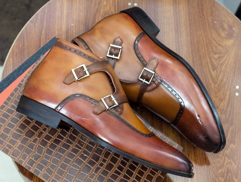 Handmade Brown Double Monk Strap Brogues Goodyear Welted Formal Shoes