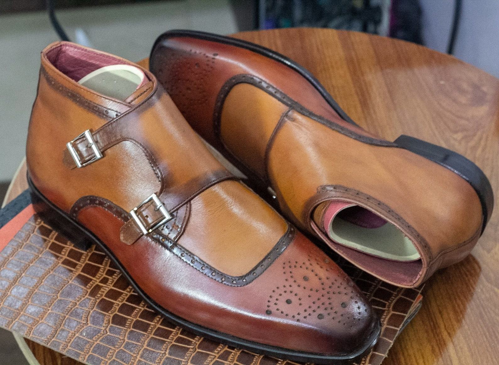 Handmade Brown Double Monk Strap Brogues Goodyear Welted Formal Shoes - Image 2