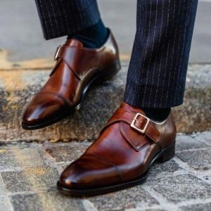 Handmade Brown Leather Strap Shoes for Men | Designer Buckle Loafers