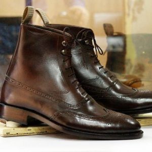 Handmade Brown Leather Wingtip Brogue Boots – Goodyear Welted Dress Boots for Men