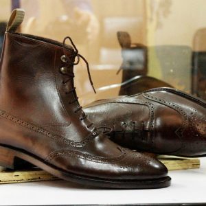 Handmade Brown Leather Wingtip Brogue Boots – Goodyear Welted Dress Boots for Men
