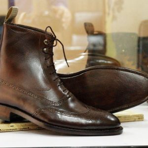 Handmade Brown Leather Wingtip Brogue Boots – Goodyear Welted Dress Boots for Men