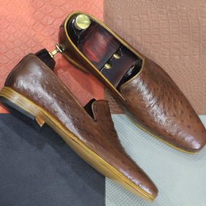 Handmade Brown Ostrich Leather Loafers – Men’s Slip-Ons for Parties & Occasions